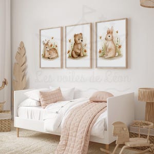 Conjunto de 3 carteles de animales del bosque de 30 x 40 cm, decoración de habitación de bebé, ilustraciones de acuarela de cervatillo, oso, conejo, arte de pared bohemio, niña, flor, mariposa