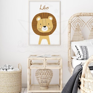 Children's lion poster, personalized wall decoration with name, safari animals, baby shower gift idea image 2