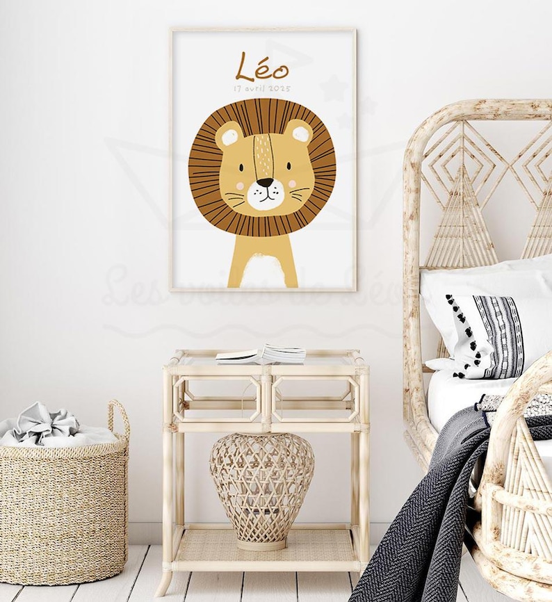 Children's lion poster, personalized wall decoration with name, safari animals, baby shower gift idea image 2