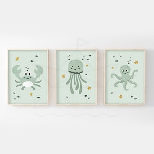 Lot 3 affiches enfant A4/13x18cm, trio mer crabe, méduse, pieuvre, idée cadeau naissance chambre bébé, décoration murale image 3