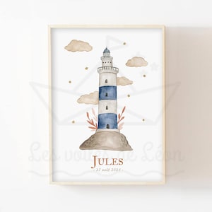 Póster océano niño nombre A4 (21x29,7cm) O 13x18cm ilustración acuarela mar faro decoración pared habitación bebé marinero cielo nacimiento