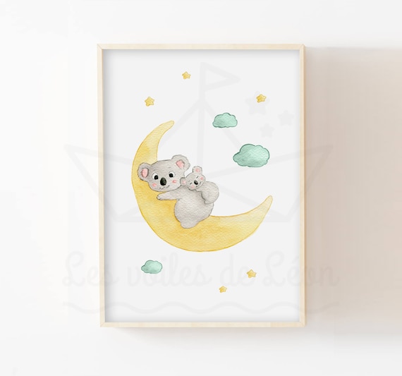 Aquarelle enfant A4/13x18cm, illustration koala lune, idée cadeau