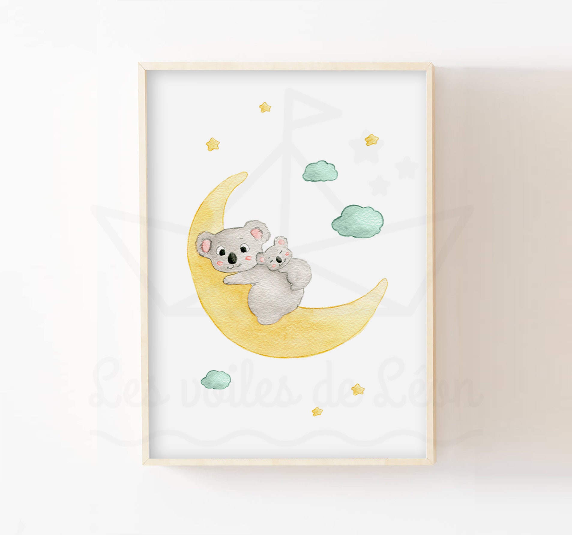 Aquarelle Enfant A4/13x18cm, Illustration Koala Lune, Idée Cadeau Décoration Murale Chambre Bébé, Po