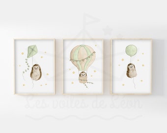 Watercolor posters of baby hedgehogs, starry sky, children's room decoration, animal paintings, forest