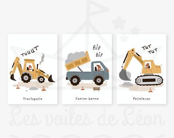 3 Affiches Chantier Pour Chambre De Garçon - Décoration Murale Enfant - Grues, Tractopelles, Camions - Lot A4 Sans Cadre