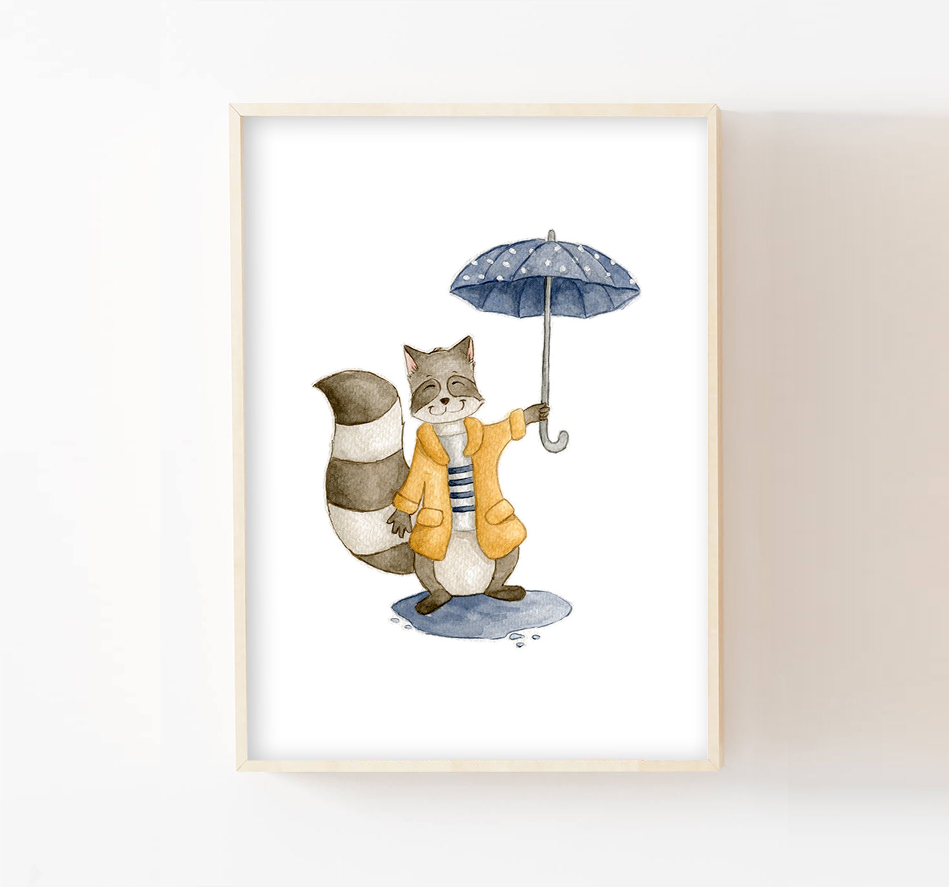 Illustration Enfant A4/13x18, Aquarelle Raton-Laveur Marin, Décoration Murale Chambre Bébé, Affiche 