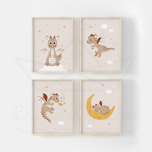 Juego de 4 carteles infantiles de dragón de 30 x 40 cm, estrellas, luna, nube, póster, decoración de pared, hada, habitación de bebé, idea de regalo, nacimiento mixto, niño