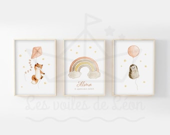 Lot 3 watercolor fox rainbow hedgehog A4(21x29.7cm) OR 13x18cm decoration baby room animals illustrations child poster sky