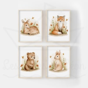 Juego de 4 carteles de acuarela de animales del bosque A4 (21x29,7cm) O 13x18cm decoración de pared para habitación infantil zorro cervatillo conejo oso regalo bebé
