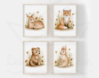 Set van 4 aquarelposters van bosdieren, wanddecoratie voor een kinderkamer: vos, reekalf, konijn, beer, kraamcadeau