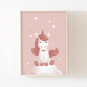 Affiche enfant licorne 30x40 décoration chambre bébé/enfant, nouveau-né, poster mural conte, féerique, fille, rose pastel, nuage, étoiles