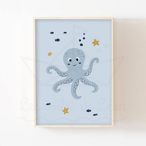 Póster de pulpo A4 (21x29,7 cm) o 13x18 cm, decoración de la habitación de los niños, pez estrella de mar, regalo de nacimiento para bebé, póster de animales marinos y marinos