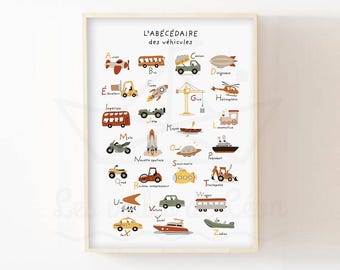 Póster del alfabeto de vehículos para niños, póster educativo de transporte, decoración de pared para habitación de bebé, regalo para recién nacido.
