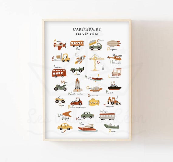 Affiche abécédaire véhicules enfant  poster éducatif transport décoration murale chambre bébé garçon fille cadeau naissance