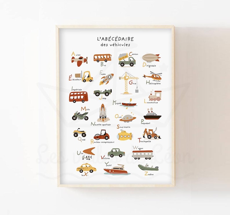 cadre abécédaire véhicules décoration murale chambre enfant