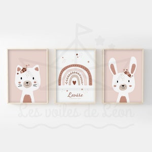 Lot 3 affiches naissance personnalisées rose 30x40cm déco murale chambre bébé animaux fleurs posters enfant arc en ciel lapin chat bohème