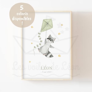 Póster con nombre de bebé estrellas A4 (21 x 29,7 cm) O 13 x 18 cm acuarela mapache cometa decoración de pared habitación infantil póster personalizado