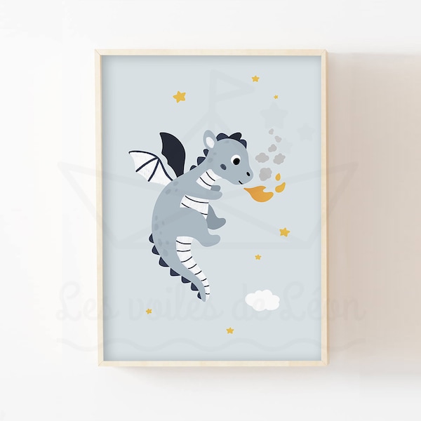 Affiche bébé dragon 30x40cm décoration chambre enfant idée cadeau naissance animaux féerique étoiles nuage