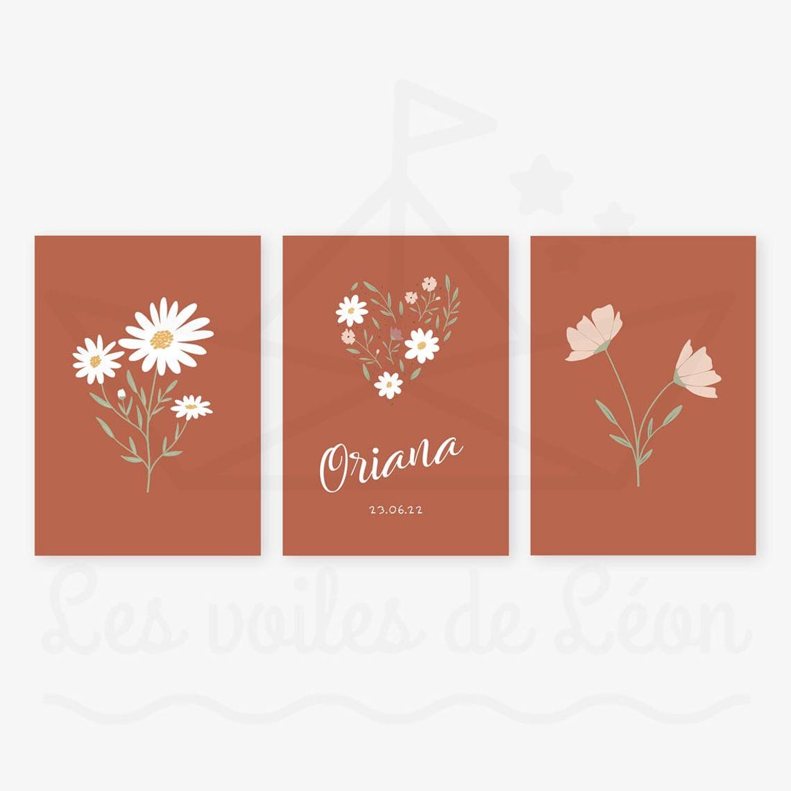 Set of 3 Personalized Flower Posters Floral Wall Decoration Boho