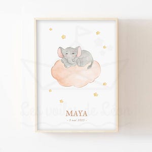 Decoración de elefante bebé durmiendo A4 (21x29,7cm) O 13x18cm ilustración acuarela nube estrellas póster de pared nacimiento cielo animales sabana