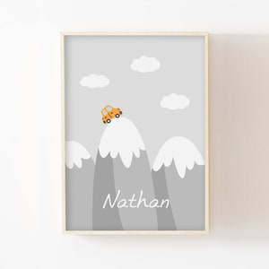 Decoración de pared infantil A4/13x18, regalo de nacimiento de habitación de bebé, póster de paisaje de montaña, coche, azul, rojo, explorador, aventurero