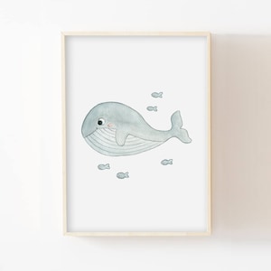 Cartel infantil de ballena A4 (21x29,7 cm) O 13x18 cm decoración de pared de habitación de bebé cartel de mar acuarela animales marinos idea de regalo de nacimiento