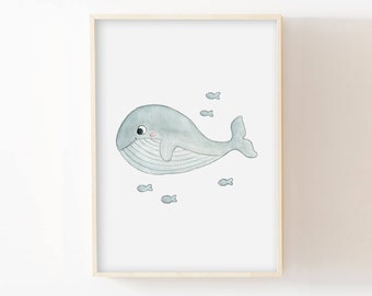 Children's whale poster, baby room wall decoration, seascape poster, marine animals, baby shower gift idea