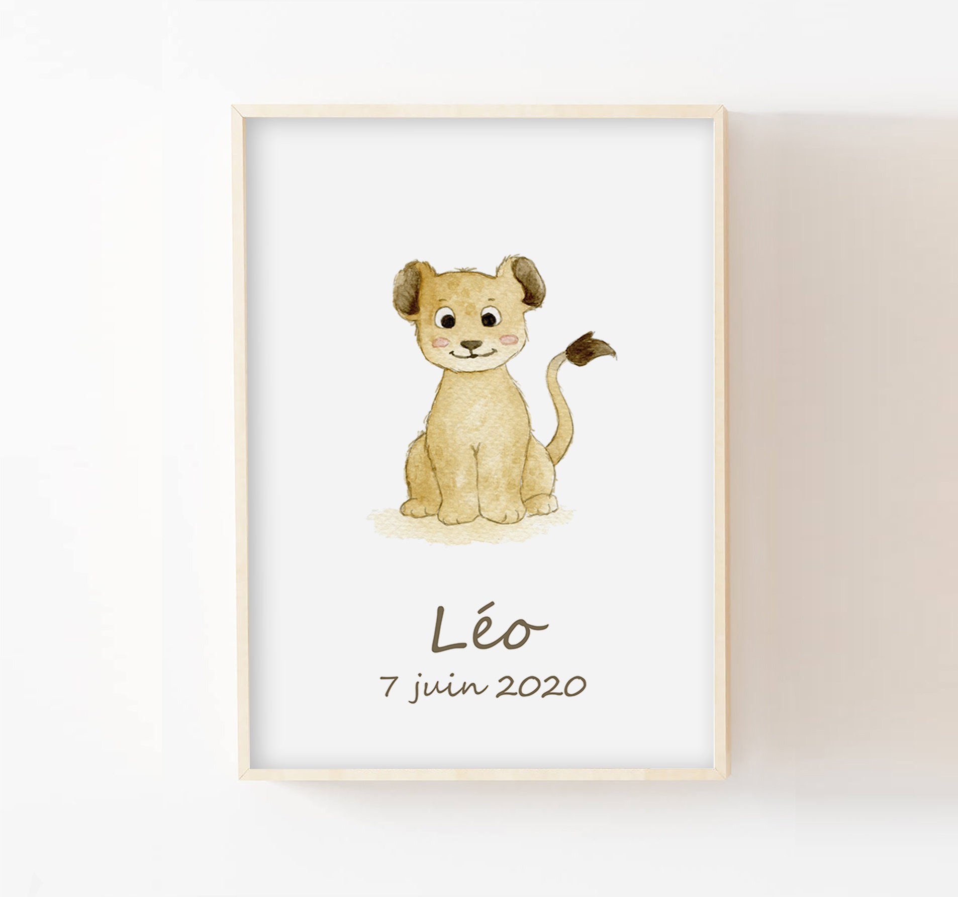 Affiche Aquarelle Lion 30x40cm Poster Personnalisé Prénom Décoration Murale Chambre Bébé Savane Idée