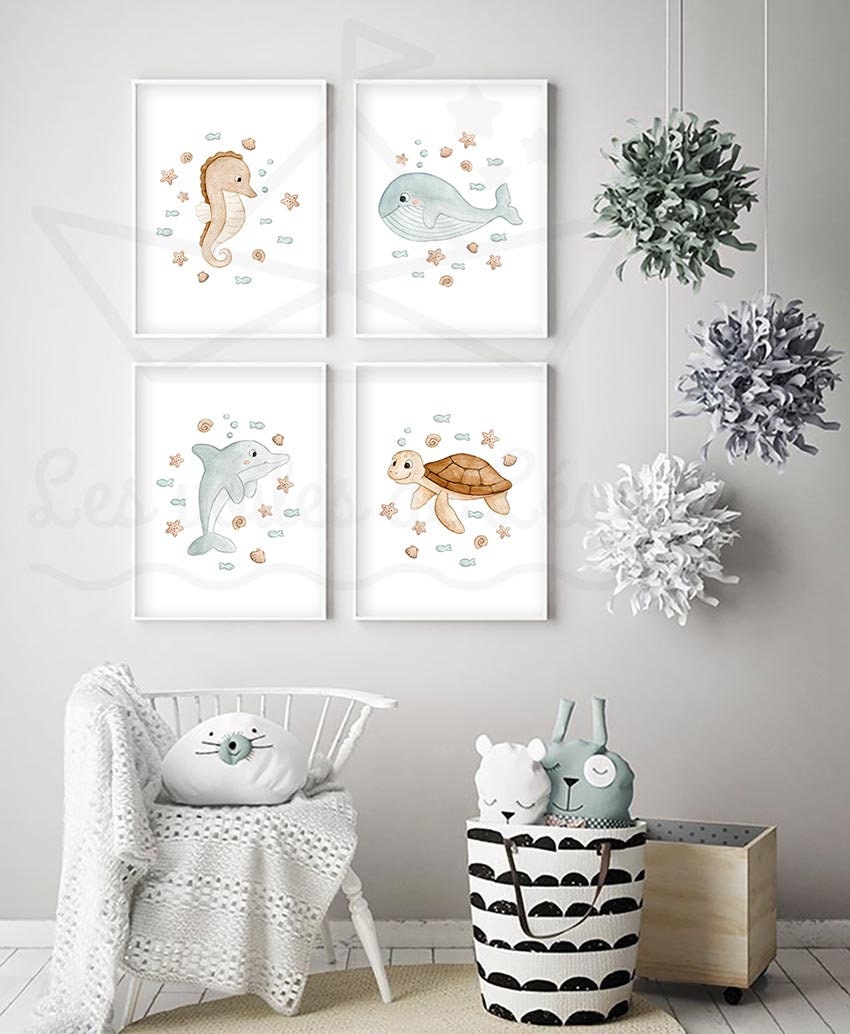 Dazzlewall 6 PCS Oceano Animali Murali Stampe Acquerello Animali Murali Poster per la Cameretta Bambini Baby Room Decor 8x10 in Senza Cornice