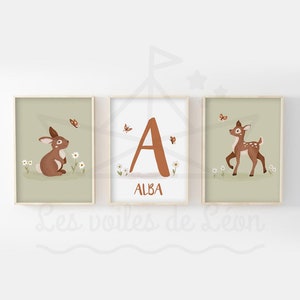 Lote de 3 carteles de nacimiento con nombre de bebé A4 (21x29,7cm) o 13x18cm carteles personalizados animales del bosque decoración habitación infantil flor inicial