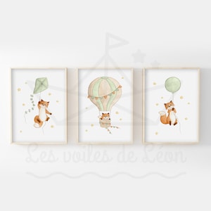 Acuarelas habitación bebé estrellas 30x40cm set de 3 ilustraciones zorro globo cometa globo aerostático decoración infantil cartel nacimiento cielo