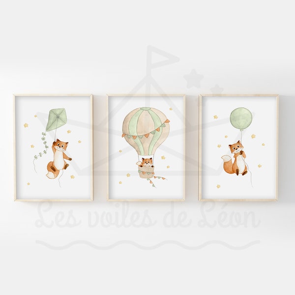 Aquarelles chambre bébé étoiles 30x40cm lot 3 illustrations renard ballon cerf-volant montgolfière décoration enfant affiche naissance ciel