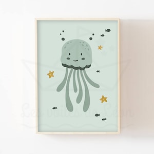 Quallen Poster 30x40cm Kinderzimmer Deko Meer Ozean Baby Geburt Geschenk Tierposter Seestern Fische