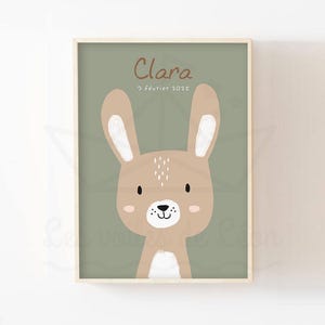 Póster infantil de conejo de 30 x 40 (29,7 x 42 cm), decoración de pared para habitación de bebé, animales del bosque, póster beige, personalizado, nombre, fecha de nacimiento, regalo