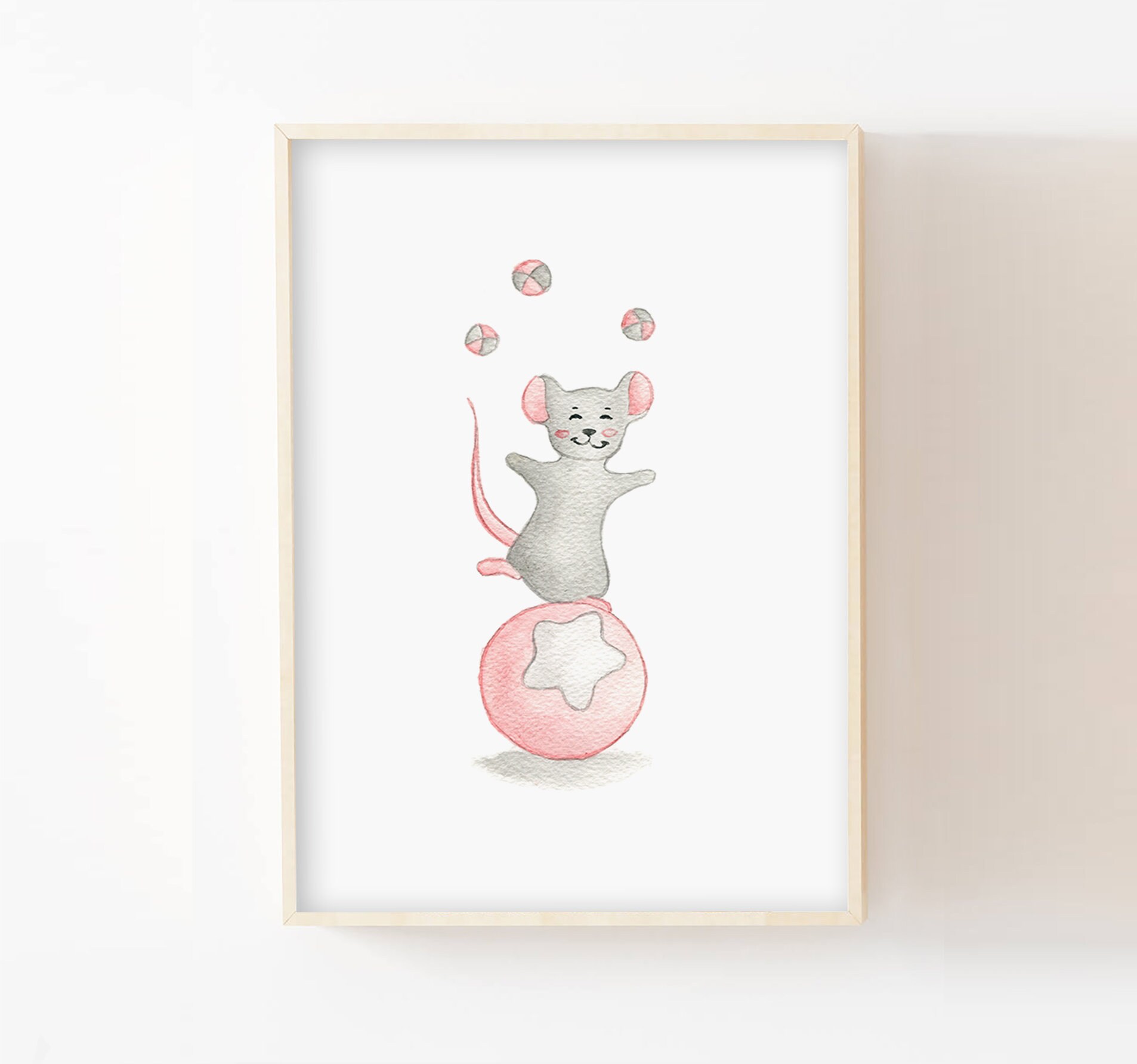 Affiche Chambre Enfant, A4/13x18, Illustration Aquarelle Souris Cirque Jongleur, Décoration Murale B