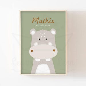 Cartel de hipopótamo para niños A4 (21x29,7 cm) O 13x18 cm decoración de la pared del dormitorio del bebé cartel de safari nombre personalizado regalo de nacimiento animal