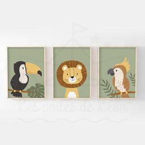 Lote 3 carteles infantiles selva A4 (21x29,7cm) o 13x18cm tucán león loro decoración pared habitación bebé imagen animales bosque sabana