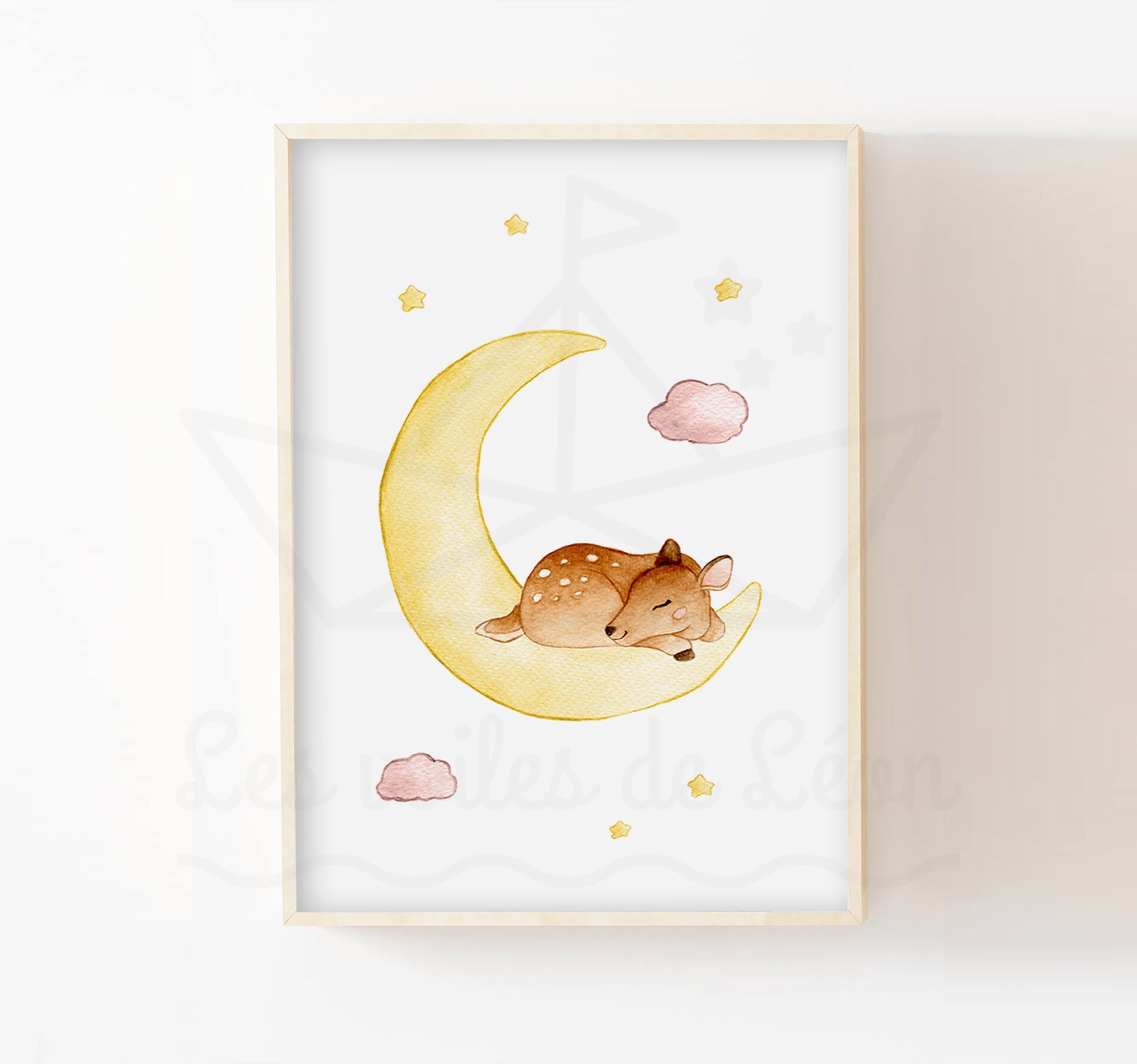 Aquarelle Faon Lune A4(21x29, 7cm ou 13x18cm Illustration Ciel Étoiles Nuages Décoration Murale Cham