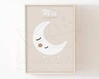 Personalized moon poster for children, boho baby room decoration, baby girl/boy birth gift, name poster, star