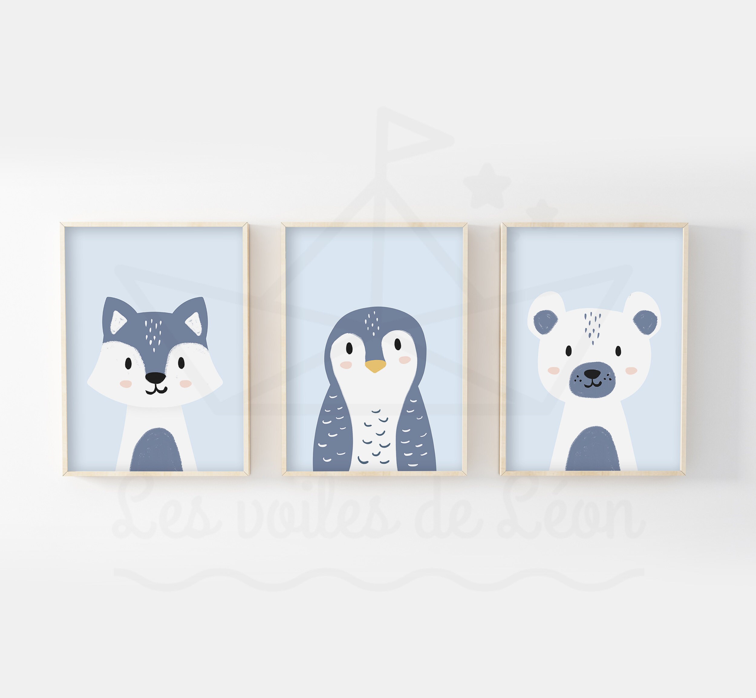 Lot 3 Affiches Enfant A4/13x18cm, Collection Polaire, Loup, Pingouin, Ours, Décoration Murale Chambr