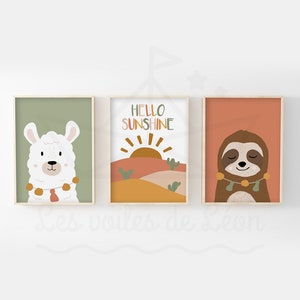 Juego de 3 pósteres bohemios infantiles de 30 x 40 cm, diseño de llama, sol y pereza, decoración de pared para habitación de bebé, idea de regalo de nacimiento en color verde terracota