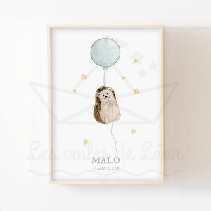 Póster de erizo bebé con acuarela, globo A4 (21 x 29,7 cm) o 13 x 18 cm, regalo de nacimiento, decoración de pared, póster de habitación infantil, animales, bosque, cielo