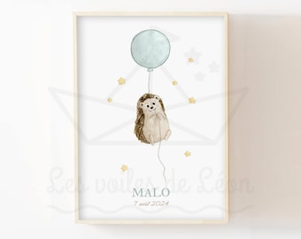 Baby Hedgehog Balloon Watercolor Poster, Newborn Gift, Nursery Wall Decor, Animal Poster, Forest Sky