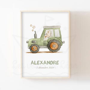 Póster infantil de tractor A4 (21x29,7cm) o 13x18cm ilustración acuarela vehículo decoración pared habitación niño nombre fecha personalizado