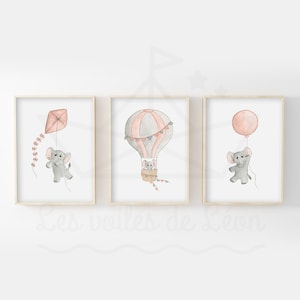 Conjunto de 3 acuarelas elefantes bebés A4 (21x29,7cm) O 13x18cm decoración de pared habitación infantil ilustraciones cielo globo cometa globo aerostático