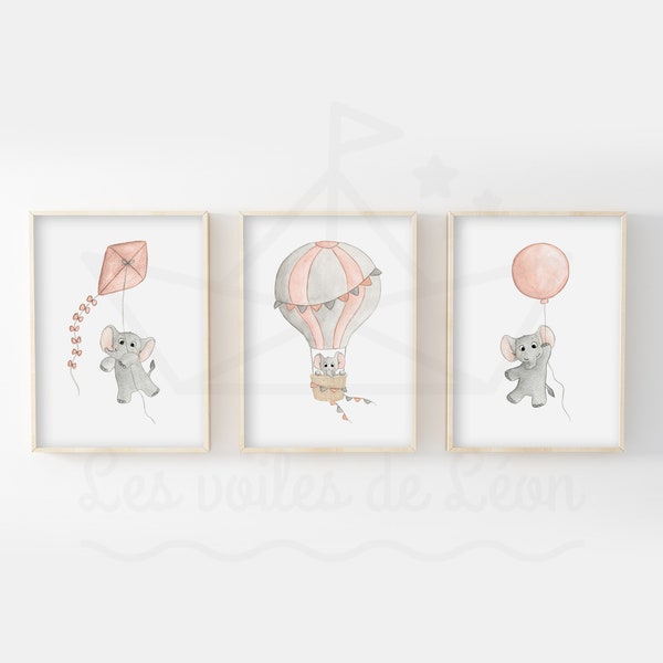 Lot 3 aquarelles éléphants bébé A4(21x29,7cm) OU 13x18cm décoration murale chambre enfant illustrations ciel ballon cerf-volant montgolfière