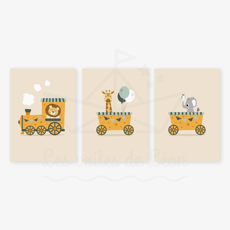May include: Three printable nursery art prints featuring a lion, giraffe, and elephant riding in a yellow wagon with blue and white accents. The lion is in a train, the giraffe is in a wagon with balloons, and the elephant is in a wagon with a ball.