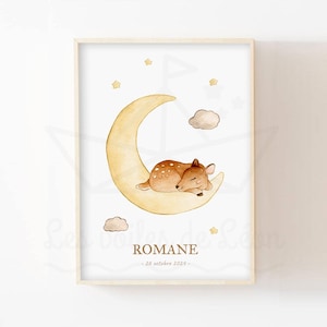Acuarela cervatillo luna 30x40cm ilustración cielo estrellas nubes pared decoración habitación bebé regalo nacimiento animales bosque