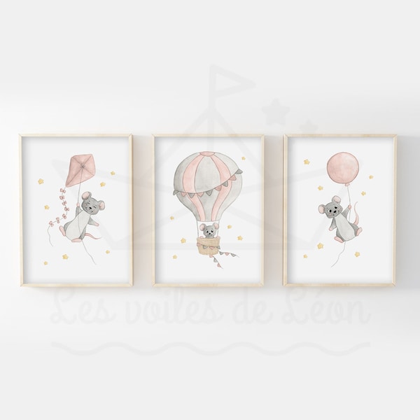 Affiches aquarelle enfant A4/13x18, lot 3 illustrations souris ballon, cerf-volant, montgolfière, idée décoration animaux chambre bébé