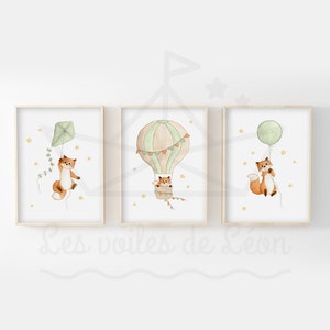 Lot of 3 watercolors foxes forest A4 (21x29.7cm) OR 13x18cm decoration baby room animals illustrations poster child sky